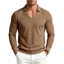 Men's Long Sleeve Polo Shirt V Neck Collared Waffle Knit Casual Solid Color Pullover Top for Daily Business Wear S kava