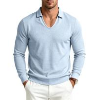 Men's Long Sleeve Polo Shirt V Neck Collared Waffle Knit Casual Solid Color Pullover Top for Daily Business Wear XXXL šviesiai mėlyna spalva