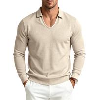 Men's Long Sleeve Polo Shirt V Neck Collared Waffle Knit Casual Solid Color Pullover Top for Daily Business Wear XL abrikosas