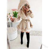 Atverčiama apykaklė Mažas kvapnus vėjas Kailio siuvimo striukė Moteriška žiemos šilta su gobtuvu ir raukiniais kraštais 5XL beige