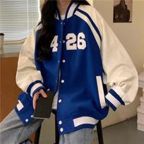 American Style Fashion Sports Wind Baseball Women's Clothing Spring and Autumn Preppy Style Jacket Loose-fitting Printed Jacket S mėlyna