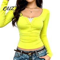 Lady Basic Top Women Slim Fit Sweatshirt for Fall, Long Sleeve Casual Grommet Pullover Top, Stretch Solid Color Lace Crewneck Shirt Daily Wear L yellow