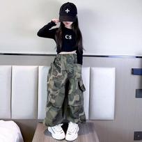 Pavasaris Vasara Vaikų Kelnės Mergaitėms Hip Hop Kamufliažas Elastingi Juosmenys Laisvalaikio Kelnės Laisvo Kirpimo Tiesios Mergaitės Ilgos Laisvos Kelnės 120 žalia