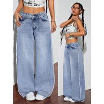Womens High-Waisted Wide-Leg Denim Pants With Raw Hem Patchwork Design 2025 Streetwear Style Small povo mėlyna spalva