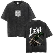 Washed Vintage Anime Attack on Titan Levi Ackerman Graphic T-shirt Men Women Cartoon Manga Merch T-shirts Male Oversized T Shirt L black