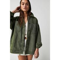 Women S Casual Versatile Denim Jacket With Pockets Side Slit M žolės žalia spalva