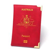 Australian Passport Holder with Metal Copper Corners - Slim Leather Travel Set red