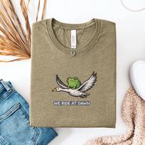 We Ride At Dawn T-Shirt, Funny Frog And Goose Tee, Chaotic Animal Shirt, Whimsical Gamer Gift 120 beige