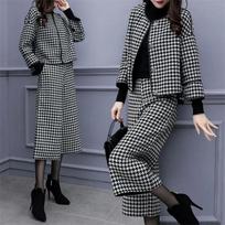 Korean Female Wide Leg Pants 2 Piece Set Autumn Winter Fashion Leisure Seven Points Sleeve Woolen Coat Plaid Jacket Women Outfit XS gray