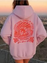 Soft Children Hoodie, Back Print Surf Wave Hibiscus Flower And Quote Text  Sweatshirt, Autumn Winter Casual Sport Long Sleeve Top For Kids Daily Wear 100 rožinė