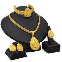 24K Gold Plated Dubai Necklace Earrings Ring Bracelet Set Indian Bridal Choker Jewelry Set  for Women teardrop shape auksas