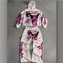 Unisex Streetwear Hoodie Straight Leg Pants Set Dark Angel Print Casual Outfit Fall Youth XXXXL gray