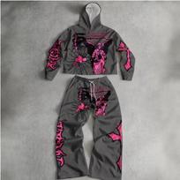 Unisex Streetwear Hoodie Straight Leg Pants Set Dark Angel Print Casual Outfit Fall Youth XXL gray