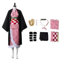 Anime Kamado Nezuko Cosplay Costume Costumes Kimono Haori Wig Clogs Suit For Adult Children Hallow Kids 140CM rožinė