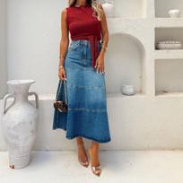 Women S High Waist A Line Denim Midi Skirt Street Vintage Style XL mėlyna
