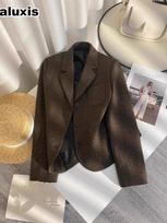 Coffee Color Herringbone Wool Blazer for Women - Autumn Elegant Niche Eye-Catching Premium Feel M kava