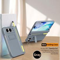 With S-Pen Kickstand Matte Case For iPhone Duo Fold Cover Anti-FIngerprint Full Hinge Protection With Glass Screen Protector iPhone Duo juoda