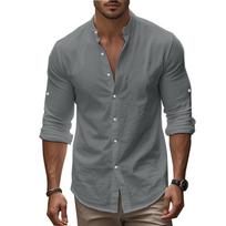 Men's Mandarin Collar Shirt | Long Sleeve Button-Down Slim Fit Top 3XL pilka
