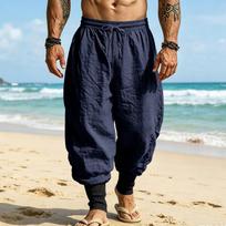 Men's Linen Harem Pants Elastic Drawstring Waist Baggy Loose Bundled Trousers Lightweight Summer Beach Casual Jogger Pants S tamsiai mėlyna spalva