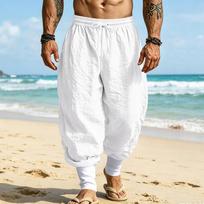 Men's Linen Harem Pants Elastic Drawstring Waist Baggy Loose Bundled Trousers Lightweight Summer Beach Casual Jogger Pants XXXL balta