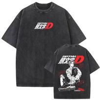 Washed Vintage Anime Initial D Drift AE86 Takumi Fujiwara Graphic T-shirt Men Women Cartoon Manga Harajuku High Quality T Shirt 3XL black
