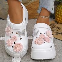 Pink Flowers Chunky Platform Clogs Sandals Woman  Crystals Butterfly Wedges Sandles Woman Summer High Heels Garden Shoes 39-40 balta