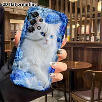 Phone Case: 2D flat Samsung Galaxy A34 A35 M05 M06 S20 S22 S21 FE Plus 5G protective case, white long-haired cat, perfect Christmas and Halloween holi blue