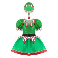 Vaikų mergaičių Kalėdų elfų Kalėdų karnavalų Cosplay kostiumų vakarėlio suknelė Apranga blizgučiai tinklinio tutu suknelė su kepure 12-14 Years žalia