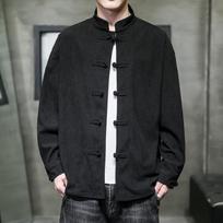 Men's Chinese Style Frog Button Stand-up Collar Corduroy Shirt, Solid Color, Long Sleeve 2XL juoda