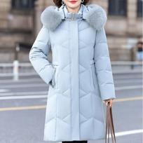 Vintažinis Elegantiškas Moteriškas Pūkinis Striukė su Tikro Kailio Apykakle Storas Šiltas Žieminis Didelio Dydžio Ilgas Kailis Viršutinis Drabužis Vidutinio Amžiaus 5XL šviesiai mėlyna spalva