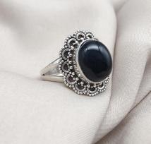 Black Onyx 925 Sterling Silver Ring: Vintage Boho Protection Jewelry 6.5 sidabras