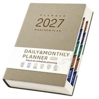 A 5 Daily and Monthly Planner Notebook with Month Tabs, PU Cover, 320 Pages, Lay Flat Binding for Work and Study chaki