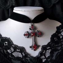 Victorian Gothic Tearful Cross Velvet Choker Necklace gray