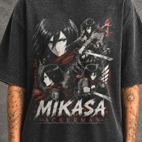 Mikasa Ackerman Bootleg AOT Mineral Washed Graphic Shirt | Heavyweight Oversized Tee | Vintage Streetwear S gray