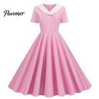 1950s Movie Style Dress Women Prom Party Vinatge 50s Evening A-line Big Swing Short Sleeve V Invisible Zipper Neck Button Decor Fake Double-breasted XL rožinė
