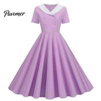 1950s Movie Style Dress Women Prom Party Vinatge 50s Evening A-line Big Swing Short Sleeve V Invisible Zipper Neck Button Decor Fake Double-breasted S violetinė
