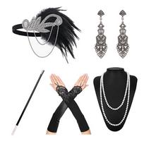 1Renginys 1920 m. sklendžiantis Cosplay kostiumas, plunksnas, galvos apdangalas perlų karoliai, apyrankės, kojinės, ilgos pirštinės Gatsby maskuoklio priedai black