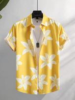 Men's Hawaiian Tropical Loose Palm Tree Floral Print Pattern Tee Casual Summer Short Sleeved Lapel Daily Shirts Men's Street Top L yellow