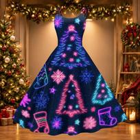 Women's Sexy Off-Shoulder Retro Dress with Christmas Print for Holiday Parties XL blue