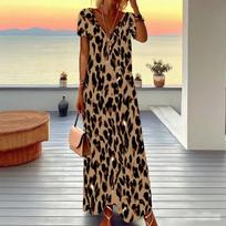 Women Plus Size V Neck Short Sleeve Maxi Dress Mixed Striped Leopard Splicing Print Loose Summer Long Dress 6XL black