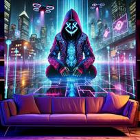 VIKAMA Neon Cyberpunk Tapestry, Masked Hacker City Night Wall Art Hanging for Bedroom Living Room Gamer Room Decoration 150X200CM blue
