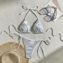Halteris Blizgučiai Bikini Moteriškas Maudymosi kostiumėlis Moteriški Maudymosi drabužiai Dviejų dalių Bikini rinkinys Maudymosi kostiumėlis Maudymosi Paplūdimio drabužiai L balta