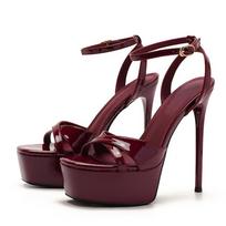 Vyno Raudonumo Lakuotos Odos Kulkšnies Dirželis Moteriški Seksualūs 14CM Sandalai Vasariniai Atviru Pirštu Platforminiai Aukštakulniai Party Suknelės Batai 36 vyno raudonos spalvos