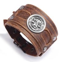 Mens Alloy Leather Bracelet With Animal Motif Vintage Wide Cuff Stylish Casual Accessory Daily Wear Brown gray