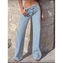 Light Blue Raw-Hem Straight-Leg Jeans for Women High-Waisted Relaxed-Fit Full-Length Trousers with Raw Hem S mėlyna