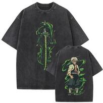 Demon Slayer Main Squad Vintage Washed 4-Panel Manga Double-Sided Graphic T-Shirt, Oversized Anime Streetwear Tee, Unisex Casual Top XXXL įvairiaspalvis