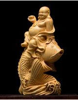 Wooden Carp Maitreya Buddha  Decorative Statue ,Creative Solid Wood Art Hand Carving Home Room, Office Fortune Gathering Statue brown