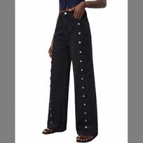 Women's Casual Straight Leg Denim Jeans with Side Button for Everyday Wear L juoda