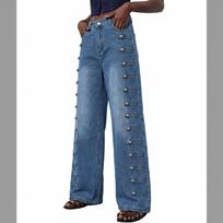 Women's Casual Straight Leg Denim Jeans with Side Button for Everyday Wear XL mėlyna