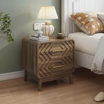 Curved-Edge Walnut Veneer Nightstand,Geometric Carved 2-Drawer Bedside Side Cabinet for Bedroom Storage